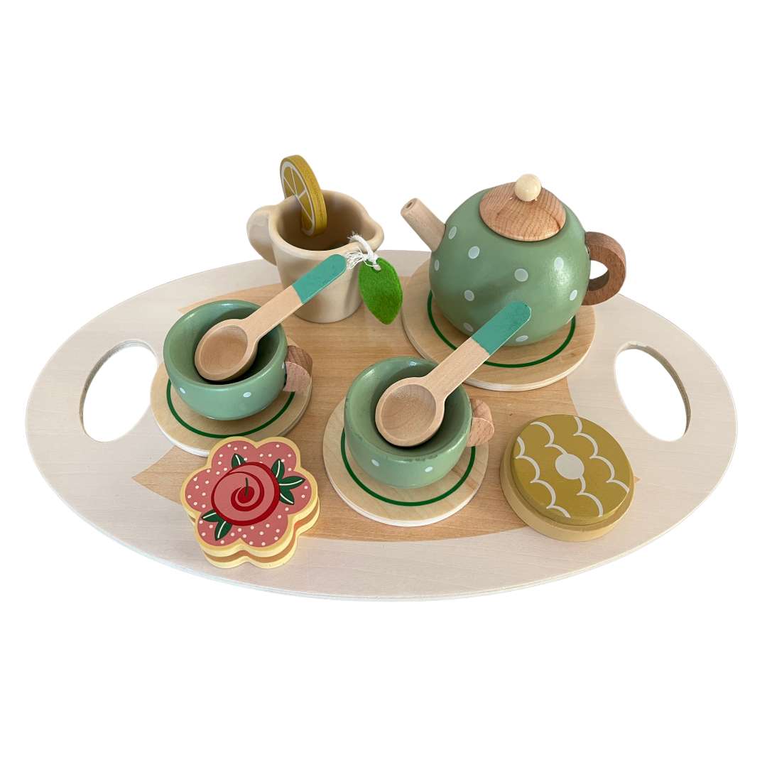Set cu ceainic si cesti din lemn, joc de rol Montessori cu diferite accesorii