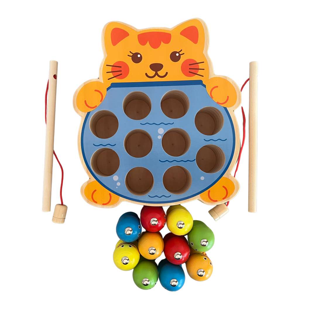 Joc de pescuit magnetic Montessori din lemn – Pisica cu 10 pestisori multicolori si 2 undite