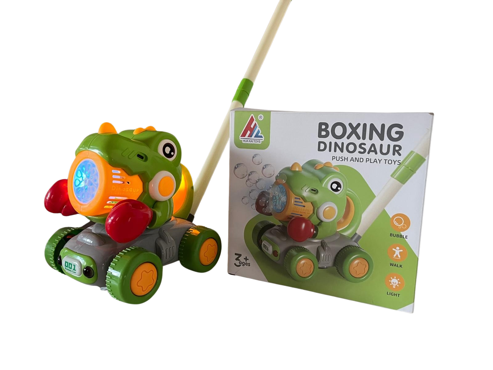 Jucarie de impins Dinozaur cu baloane de sapun