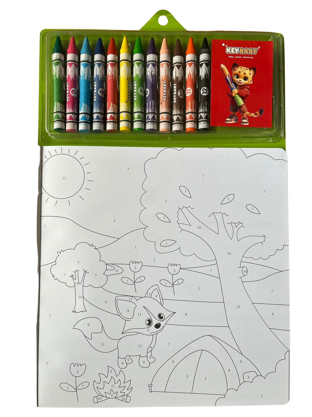 Carte de colorat cu 12 creioane cerate multicolore - Animale Keybaby