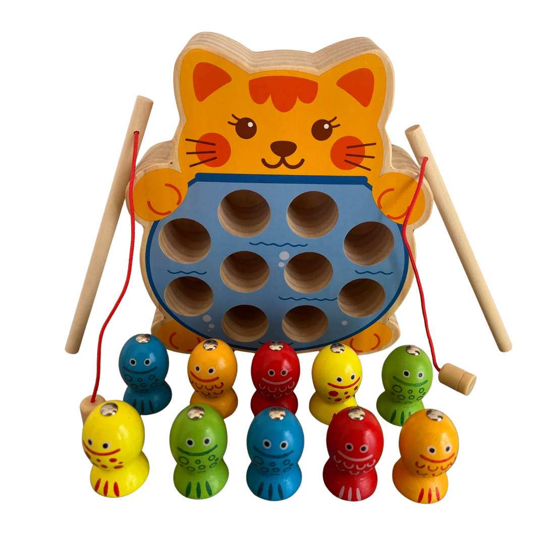 Joc de pescuit magnetic Montessori din lemn – Pisica cu 10 pestisori multicolori si 2 undite