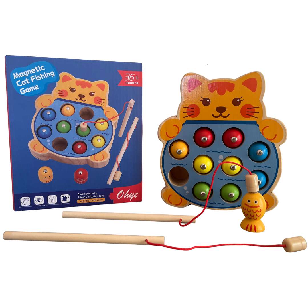 Joc de pescuit magnetic Montessori din lemn – Pisica cu 10 pestisori multicolori si 2 undite