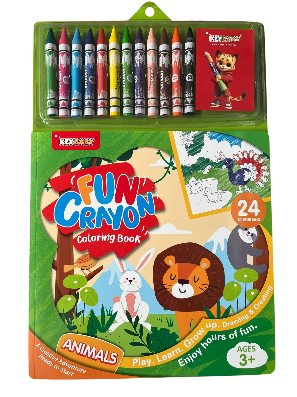 Carte de colorat cu 12 creioane cerate multicolore - Animale Keybaby