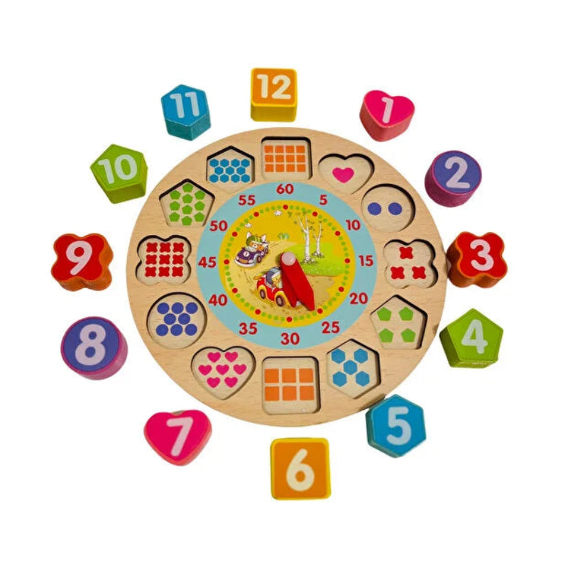 Jucarie ceas din lemn cu forme colorate, numere și numaratoare Montessori