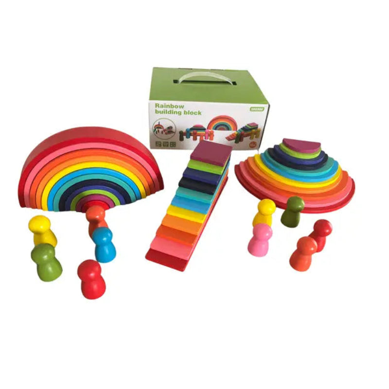 Set piese din lemn, curcubeu multicolor Montessori cu 44 de piese pentru joaca creativa si constructie