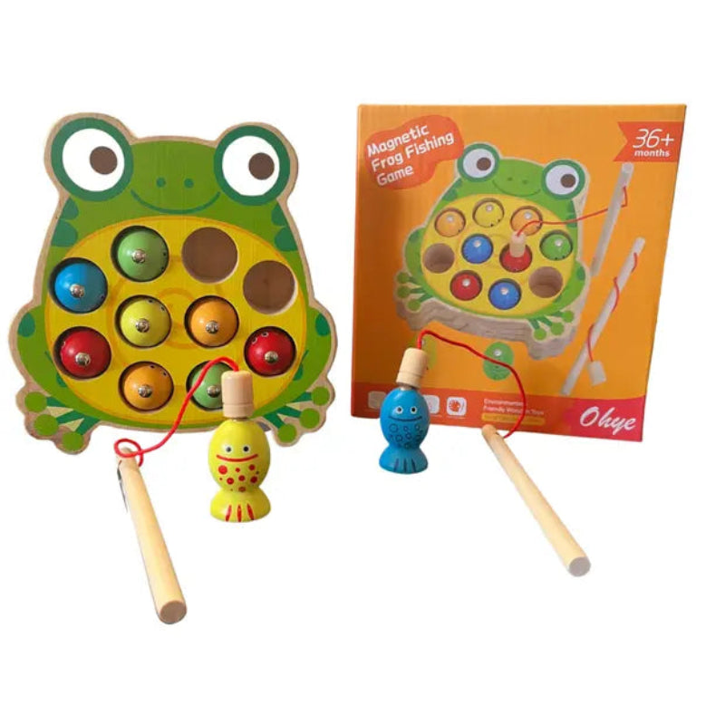 Joc interactiv, magnetic, Montessori, din lemn – Broscuta cu 12 pesti si 2 undite