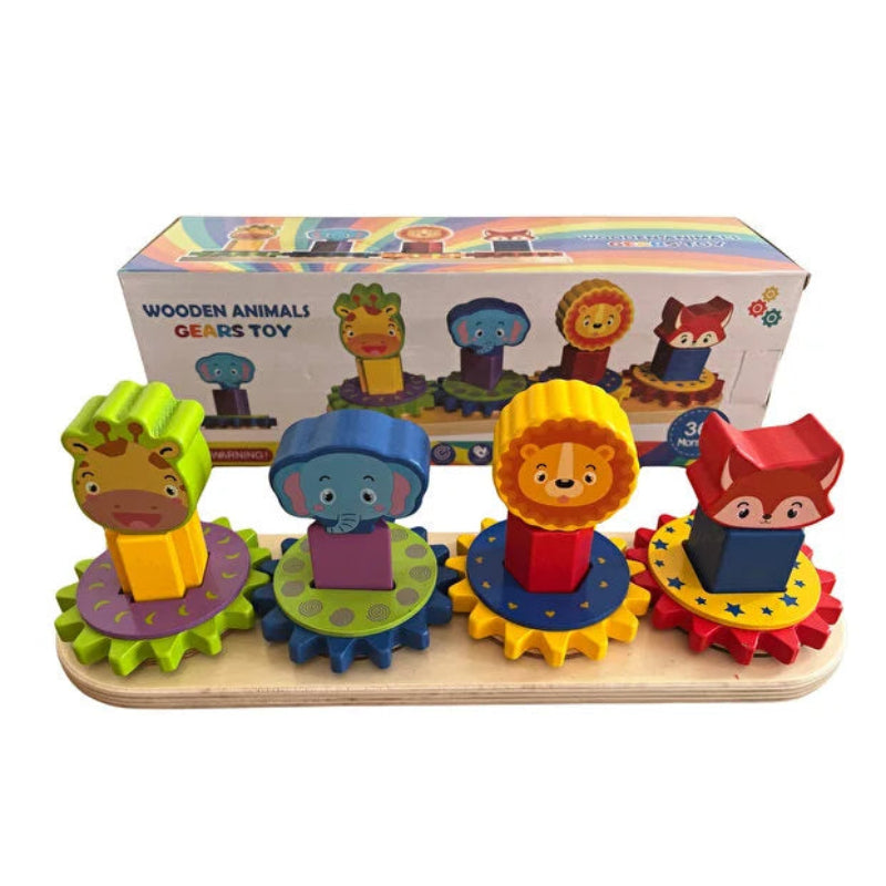 Jucarie educativa si interactiva Montessori din lemn - coloane cu roti, forme si animale