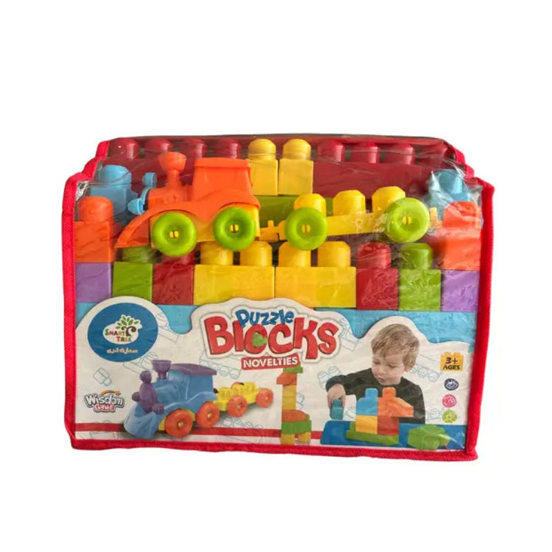 Set de constructie 35 cuburi mari de plastic multicolore cu locomotiva si vagon