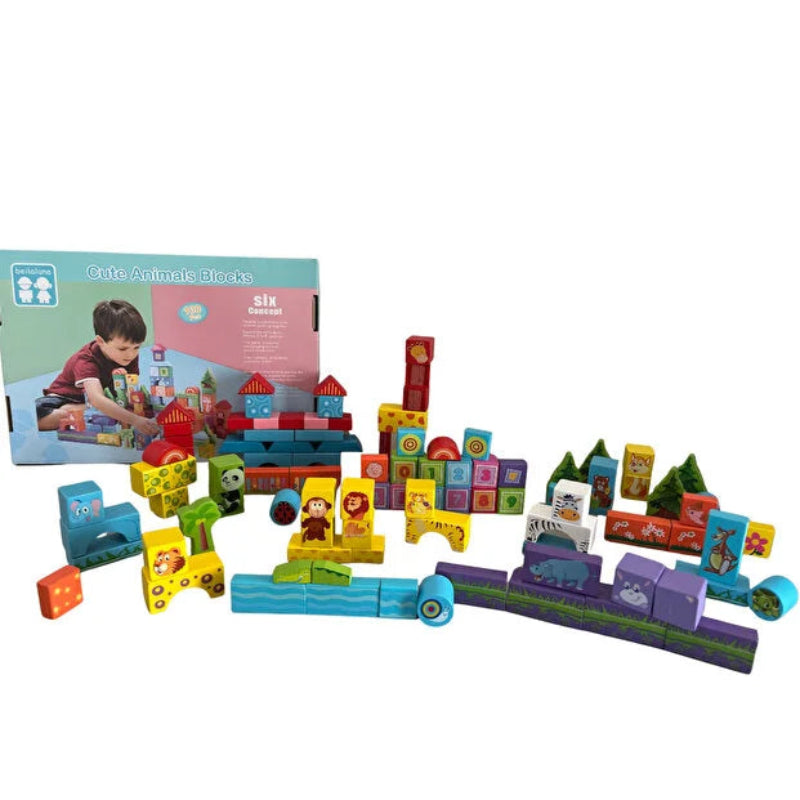Set cuburi si piese de lemn multicolore, 100 de piese, Animale