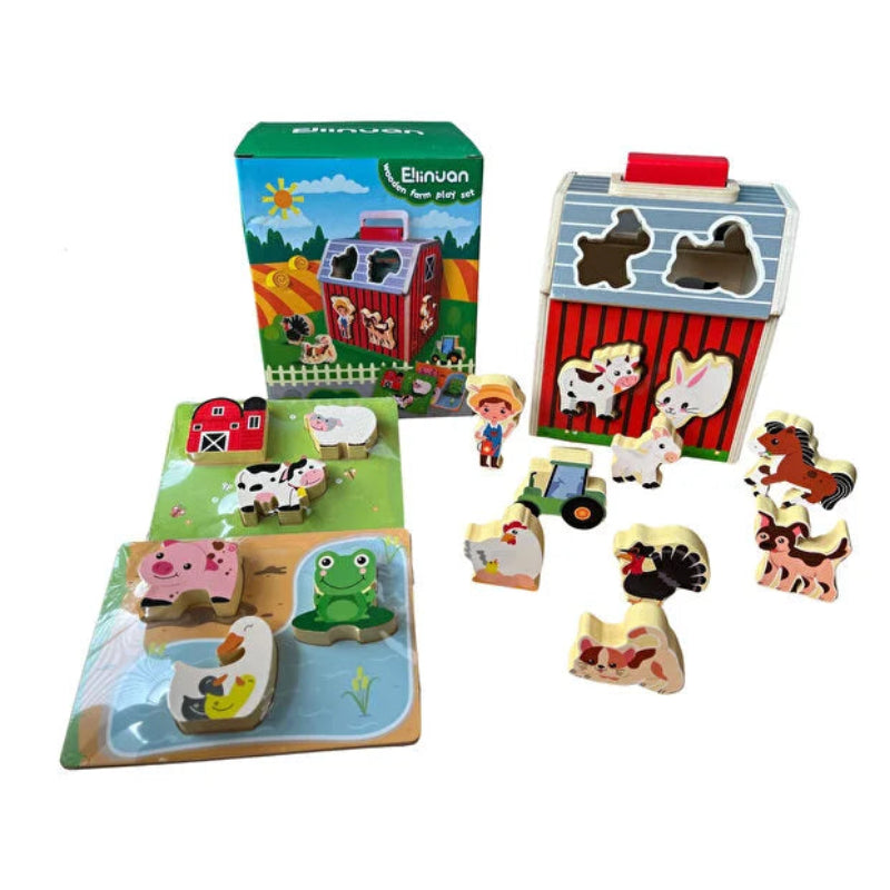Joc educativ de sortare cu figurine Montessori din lemn - Ferma Animalelor