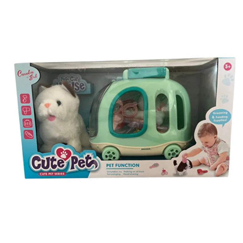 Jucarie interactiva - catel cu accesorii si cutie de transport pe roti