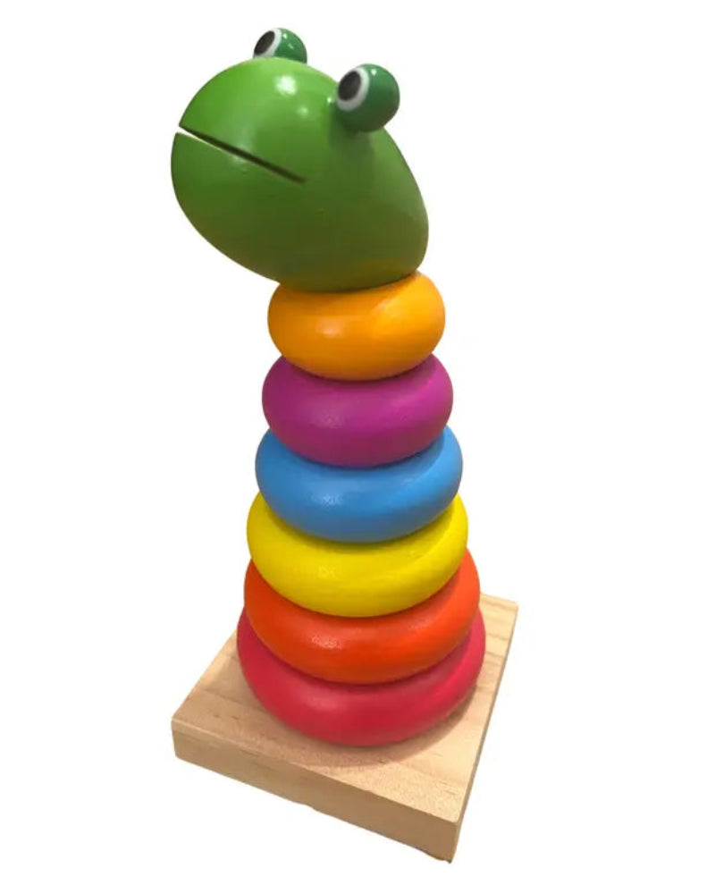 Joc educativ din lemn cu figurina broască și 6 inele colorate