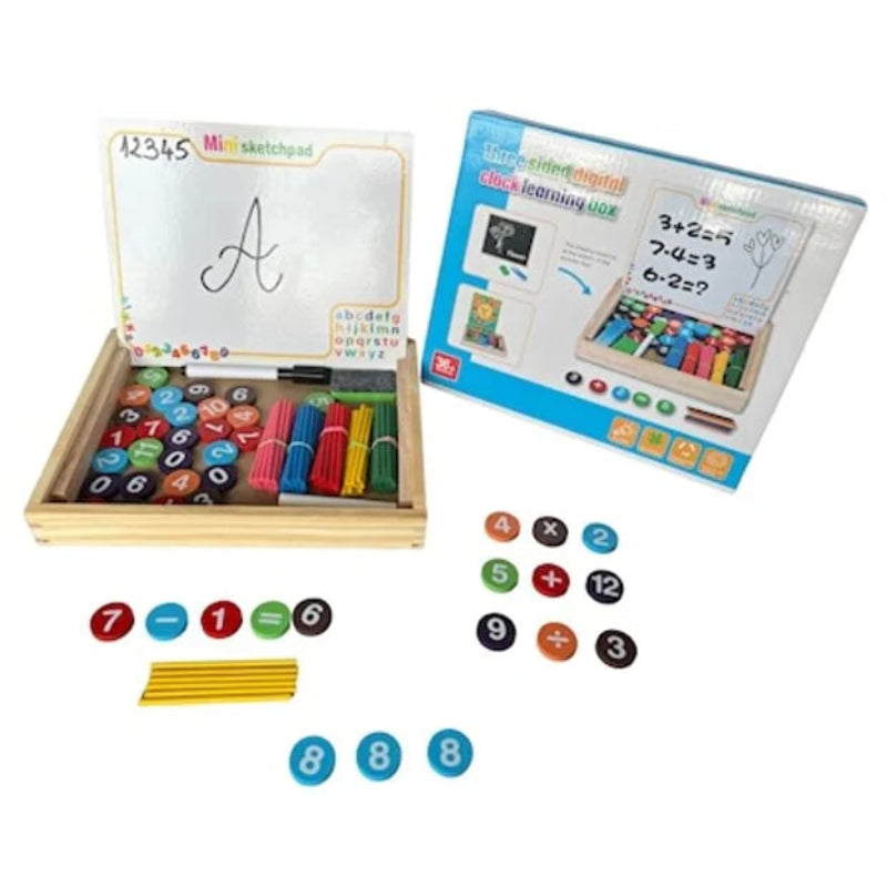 Tabla educationala 3-in-1 cu marker, creta, ceas, numere si bete colorate de numarat