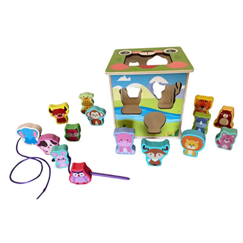 Joc educational din lemn Montessori- Cub cu 15 piese animale de insiruit
