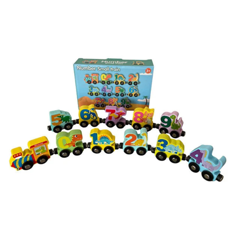 Tren magnetic multicolor cu 10 vagoane numerotate și o varietate de dinozauri colorați