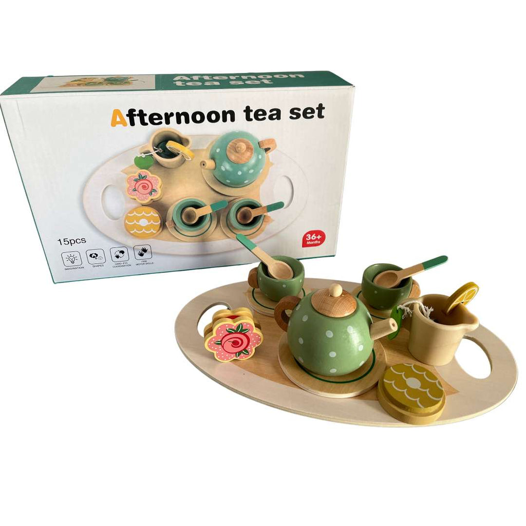 Set cu ceainic si cesti din lemn, joc de rol Montessori cu diferite accesorii