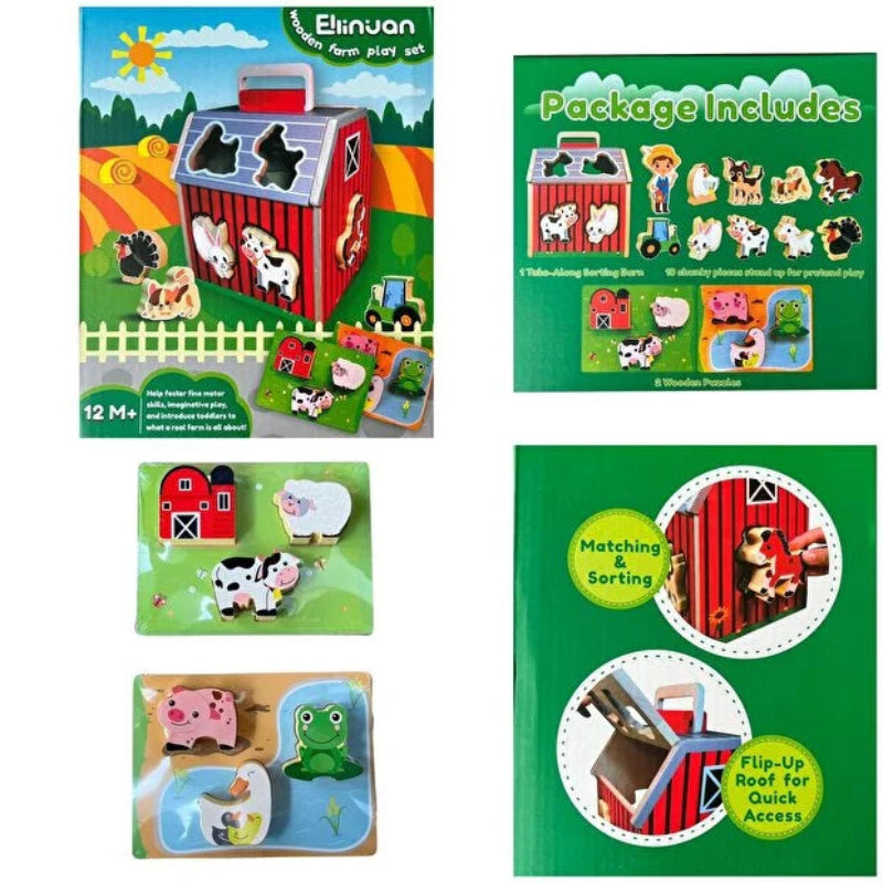 Joc educativ de sortare cu figurine Montessori din lemn - Ferma Animalelor