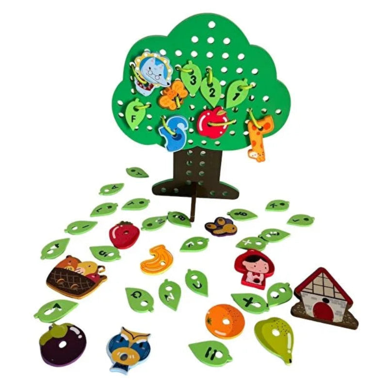 Joc insiruire copac din lemn Montessori — Fructe, Litere, Numere si Scufita Rosie