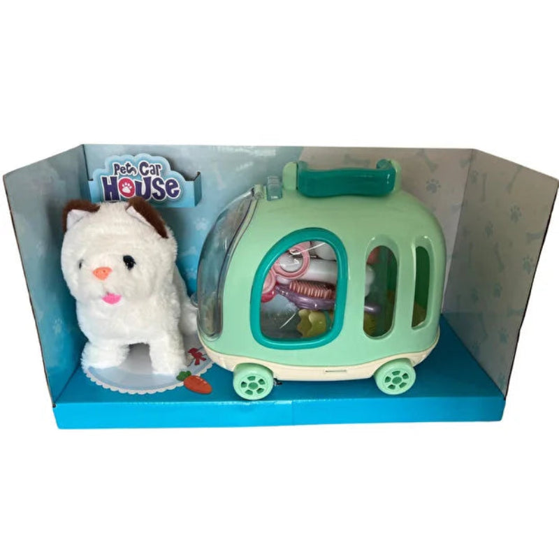 Jucarie interactiva - catel cu accesorii si cutie de transport pe roti