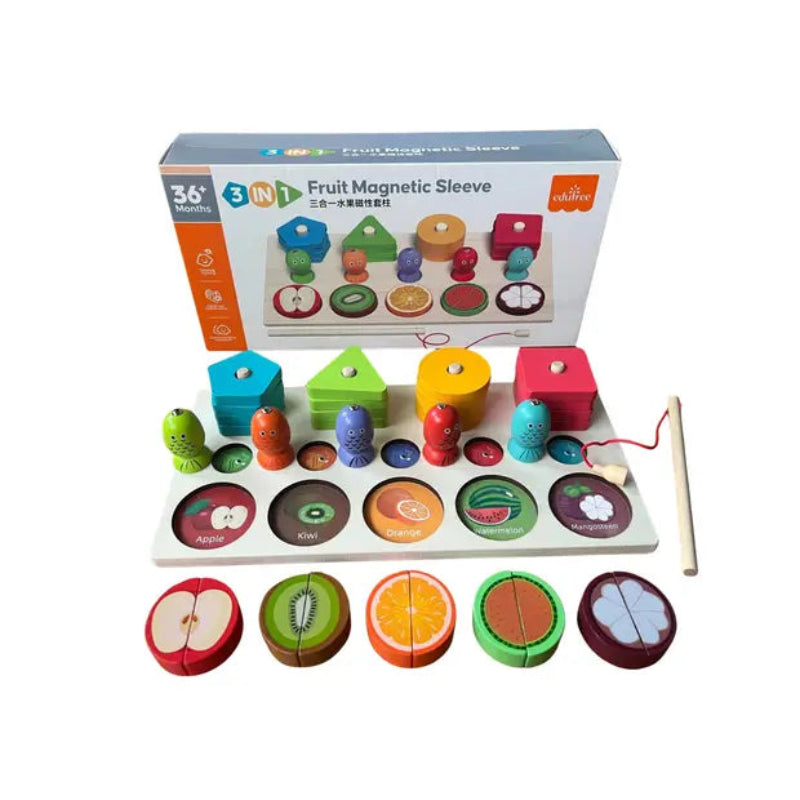 Joc educativ Montessori din lemn cu magneti - pescuit, potrivire fructe, asociere forme si culori