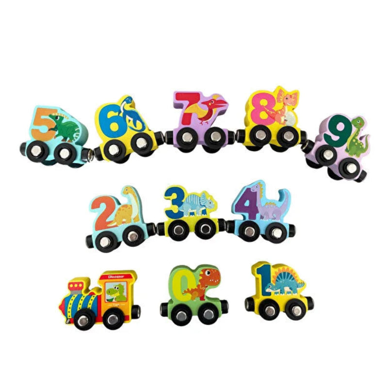 Tren magnetic multicolor cu 10 vagoane numerotate și o varietate de dinozauri colorați