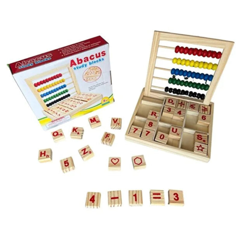 Abac educational din lemn cu margele, cifre, semne aritmetice si litere