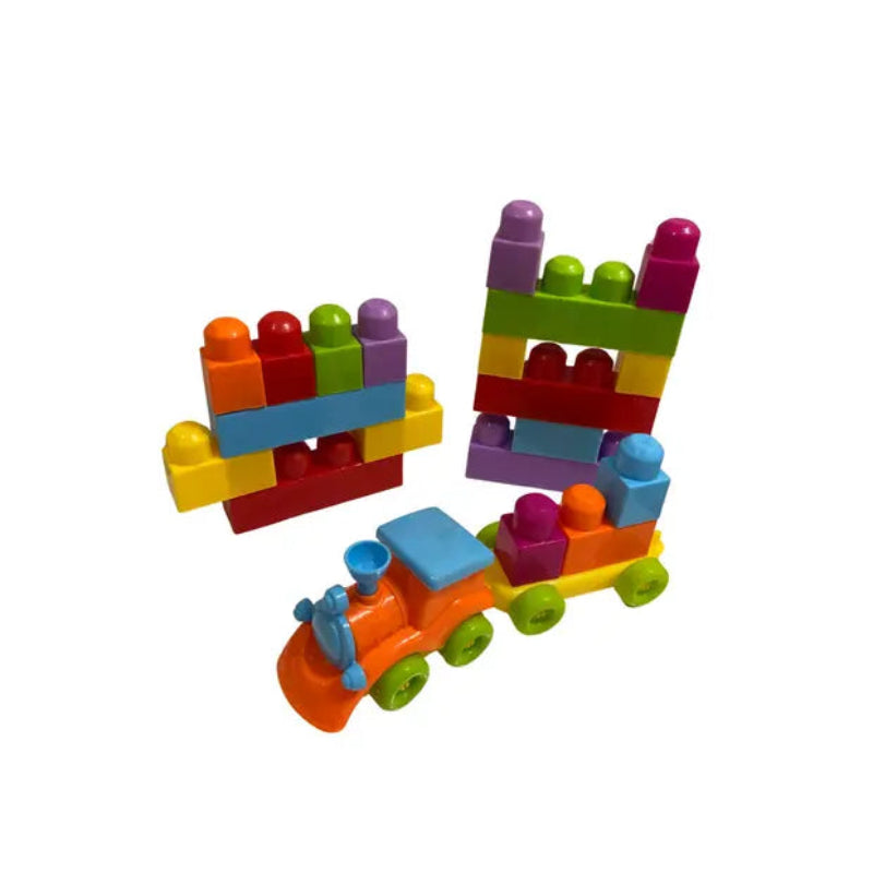 Set de constructie 35 cuburi mari de plastic multicolore cu locomotiva si vagon