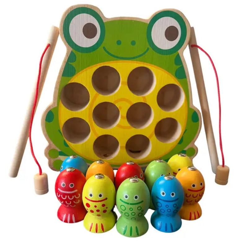 Joc interactiv, magnetic, Montessori, din lemn – Broscuta cu 12 pesti si 2 undite