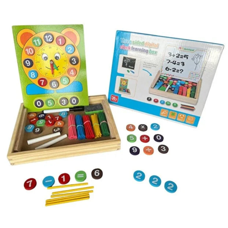 Tabla educationala 3-in-1 cu marker, creta, ceas, numere si bete colorate de numarat