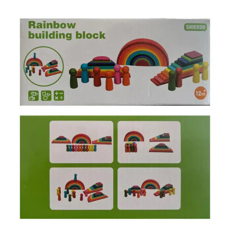 Set piese din lemn, curcubeu multicolor Montessori cu 44 de piese pentru joaca creativa si constructie