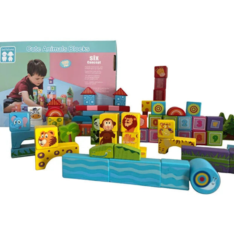 Set cuburi si piese de lemn multicolore, 100 de piese, Animale