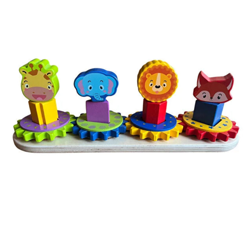 Jucarie educativa si interactiva Montessori din lemn - coloane cu roti, forme si animale