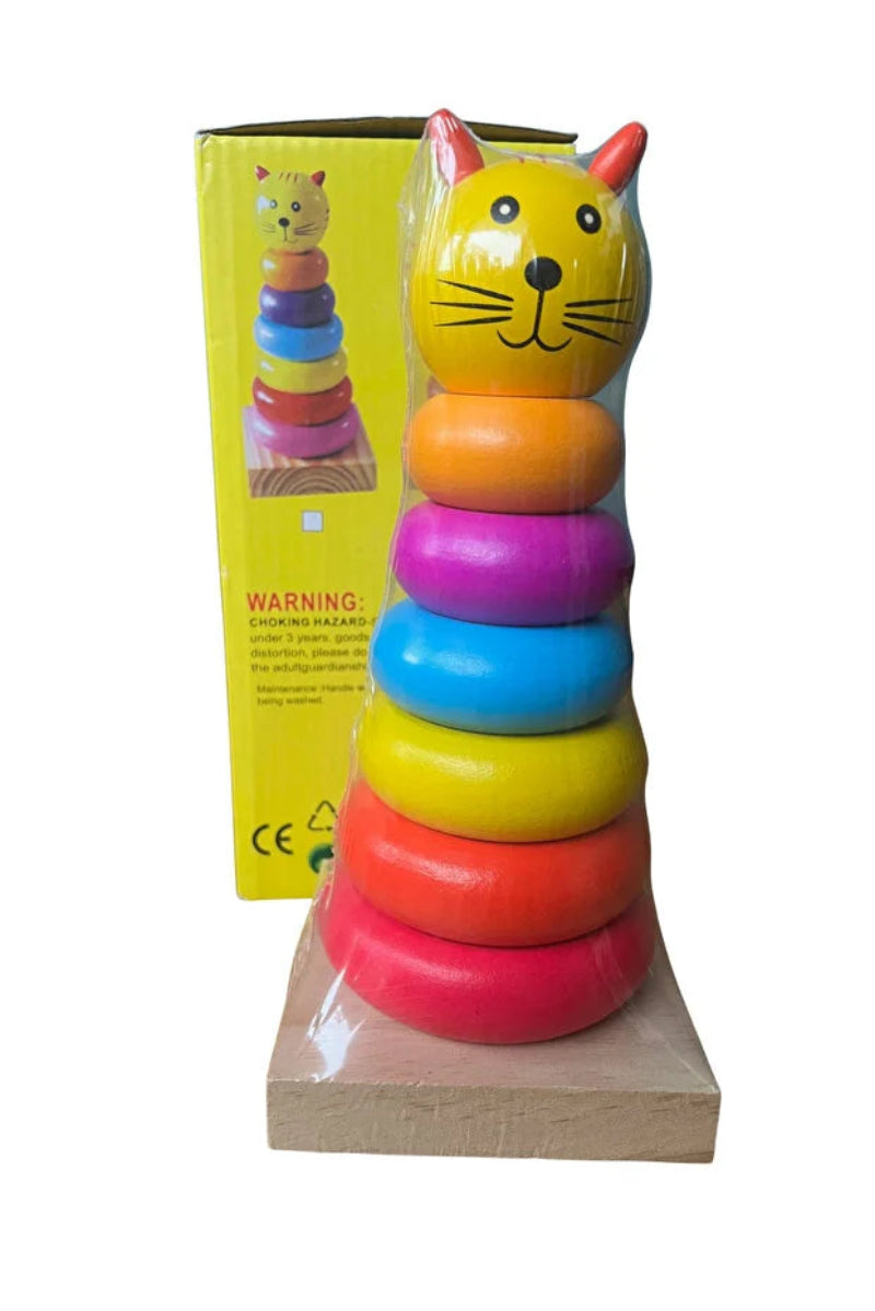 Joc educativ din lemn cu pisica și 6 inele colorate