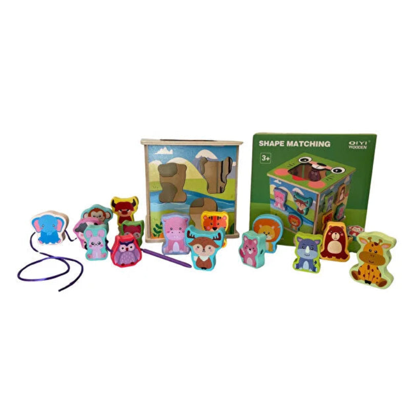 Joc educational din lemn Montessori- Cub cu 15 piese animale de insiruit