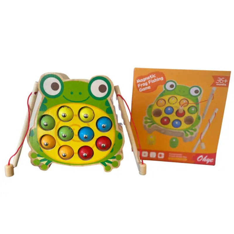 Joc interactiv, magnetic, Montessori, din lemn – Broscuta cu 12 pesti si 2 undite