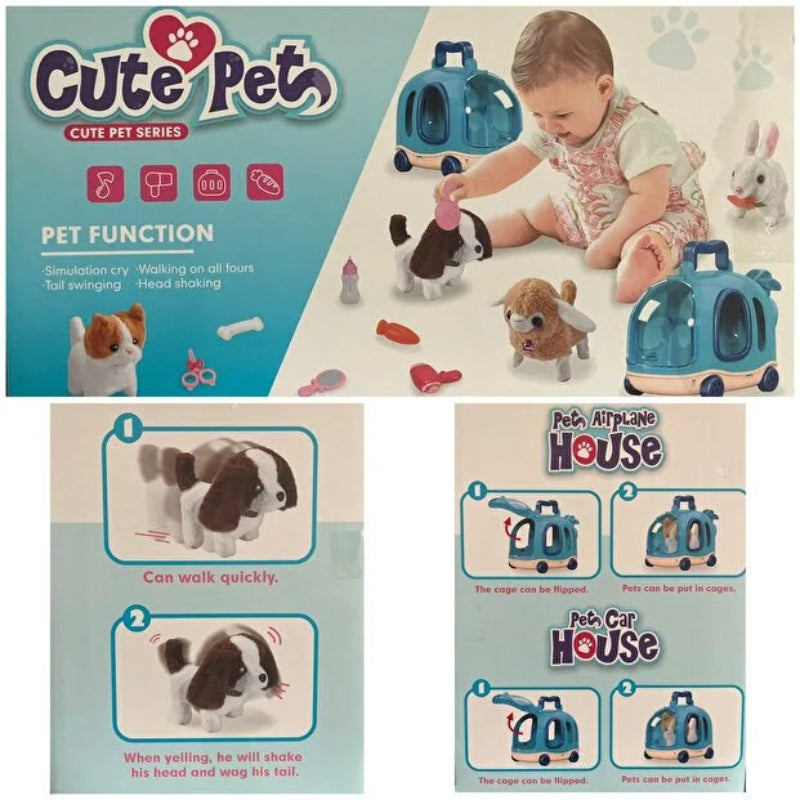 Jucarie interactiva - catel cu accesorii si cutie de transport pe roti