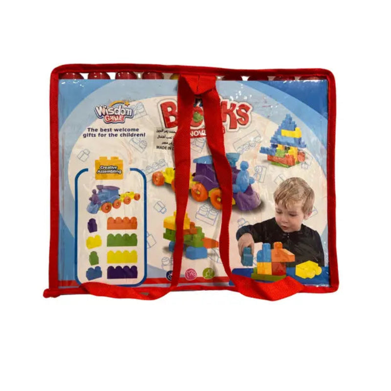 Set de constructie 35 cuburi mari de plastic multicolore cu locomotiva si vagon