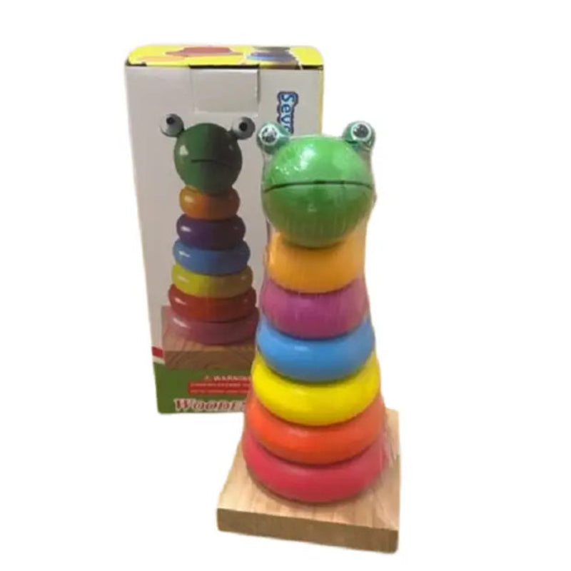 Joc educativ din lemn cu figurina broască și 6 inele colorate