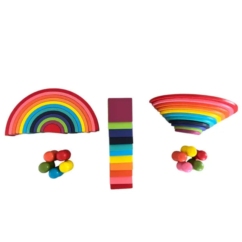 Set piese din lemn, curcubeu multicolor Montessori cu 44 de piese pentru joaca creativa si constructie