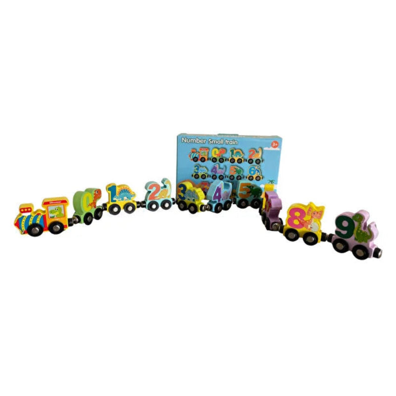 Tren magnetic multicolor cu 10 vagoane numerotate și o varietate de dinozauri colorați
