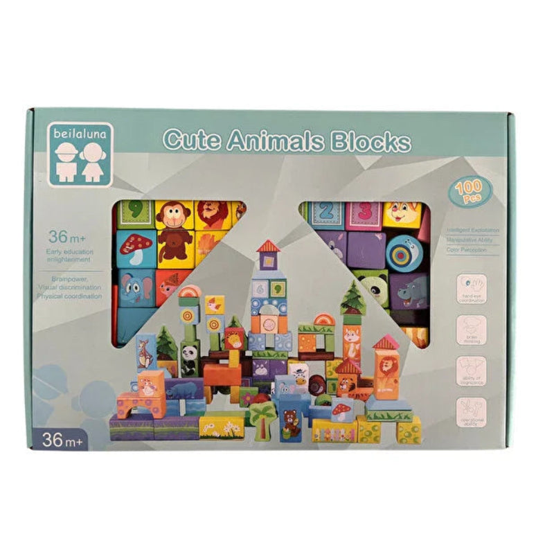 Set cuburi si piese de lemn multicolore, 100 de piese, Animale