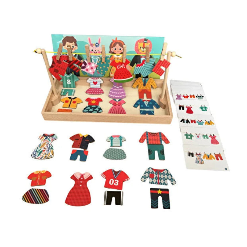 Joc din lemn Montessori imbracat personaje si intins rufe cu carlige