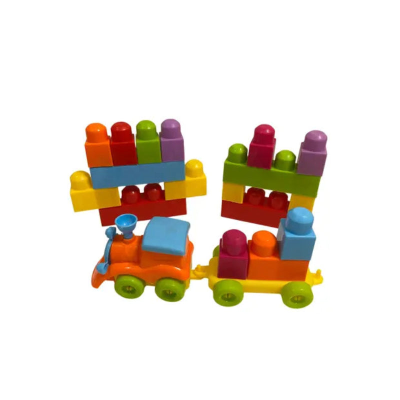 Set de constructie 35 cuburi mari de plastic multicolore cu locomotiva si vagon