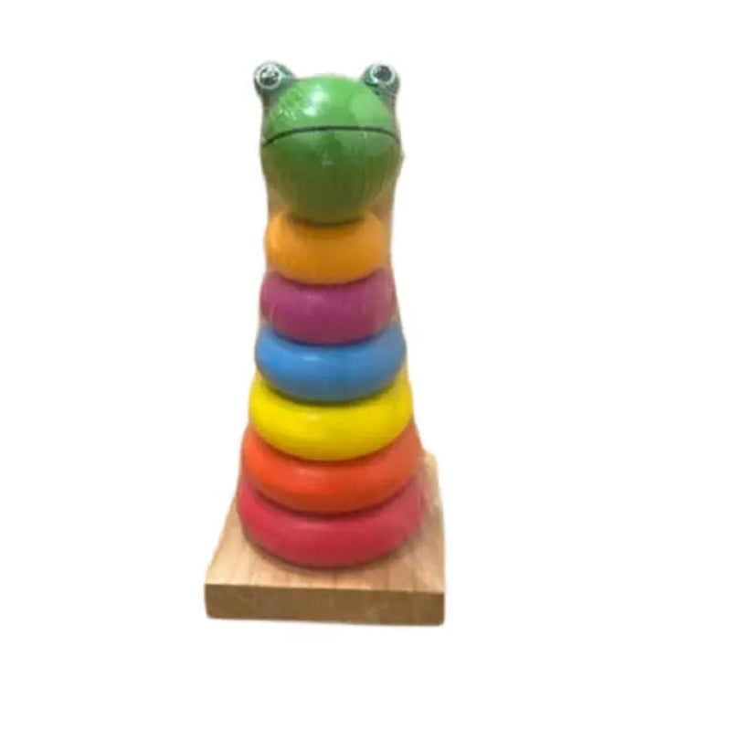 Joc educativ din lemn cu figurina broască și 6 inele colorate