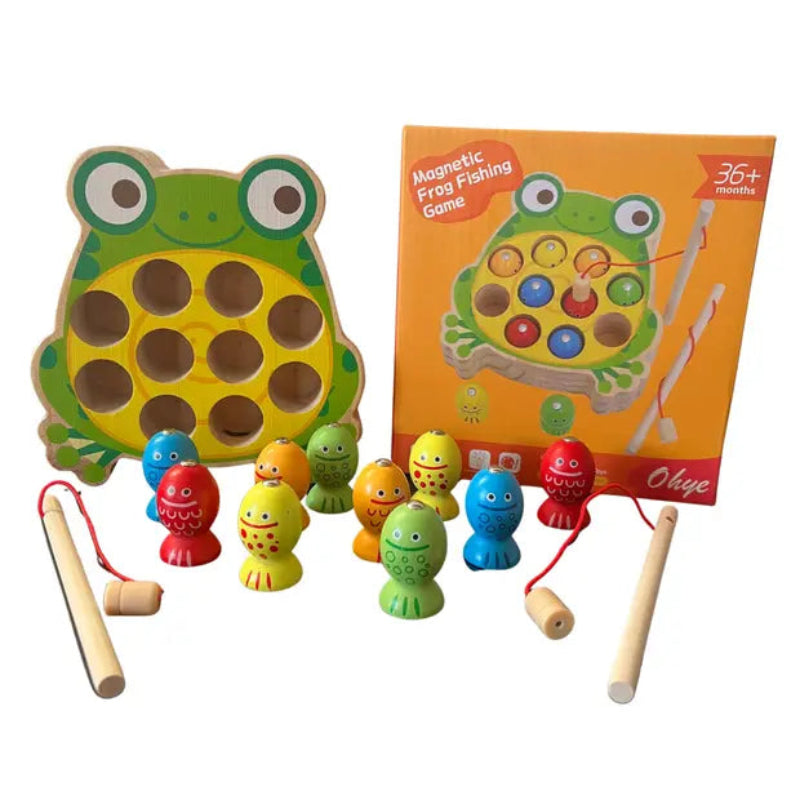 Joc interactiv, magnetic, Montessori, din lemn – Broscuta cu 12 pesti si 2 undite