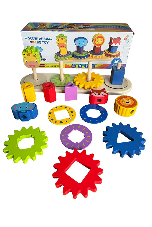 Jucarie educativa si interactiva Montessori din lemn - coloane cu roti, forme si animale