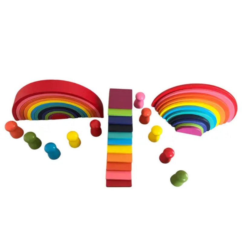Set piese din lemn, curcubeu multicolor Montessori cu 44 de piese pentru joaca creativa si constructie