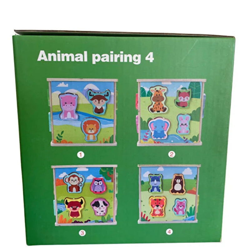 Joc educational din lemn Montessori- Cub cu 15 piese animale de insiruit
