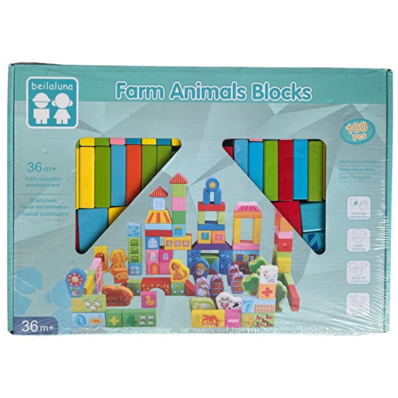 Cuburi si piese de lemn multicolore, 100 buc, Ferma mea