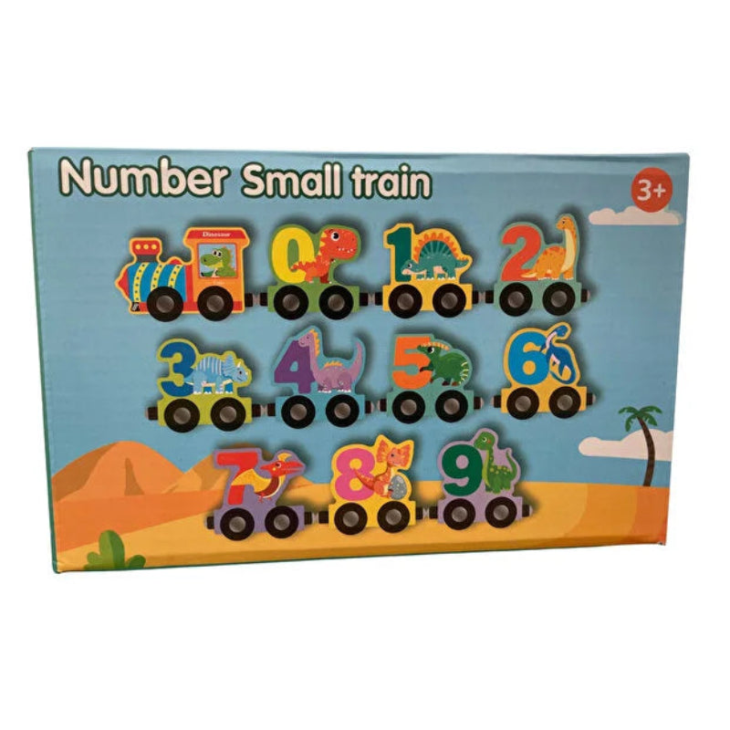 Tren magnetic multicolor cu 10 vagoane numerotate și o varietate de dinozauri colorați